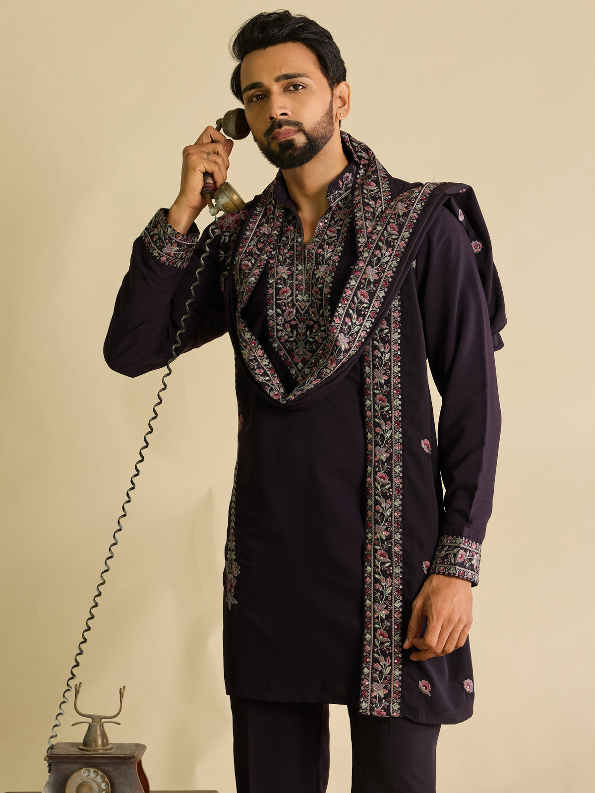 Awesome Wine Sequins Silk Engagement Wear Men's Kurta Set With Dupatta