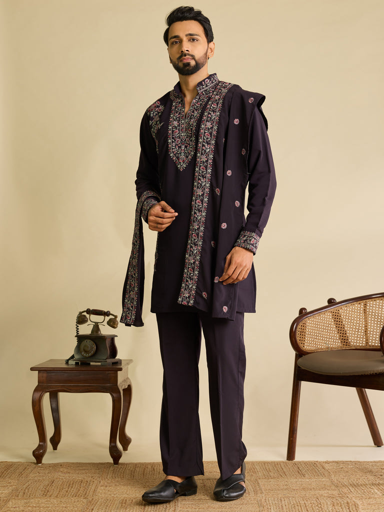 Awesome Wine Sequins Silk Engagement Wear Men's Kurta Set With Dupatta
