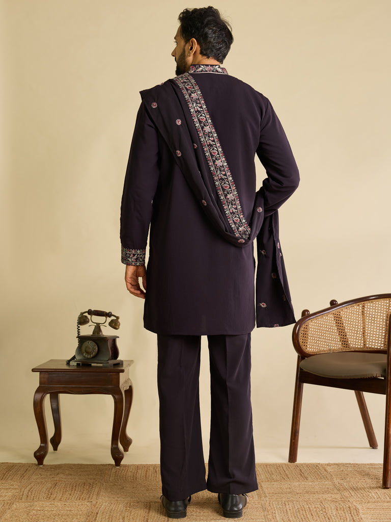 Awesome Wine Sequins Silk Engagement Wear Men's Kurta Set With Dupatta