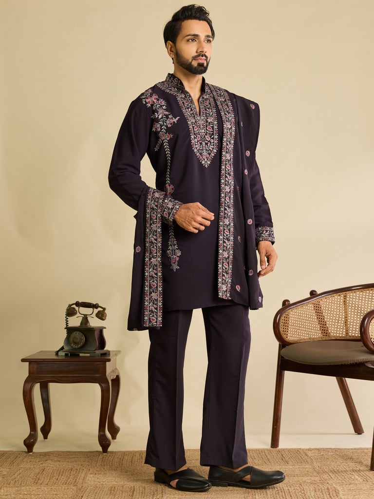 Awesome Wine Sequins Silk Engagement Wear Men's Kurta Set With Dupatta
