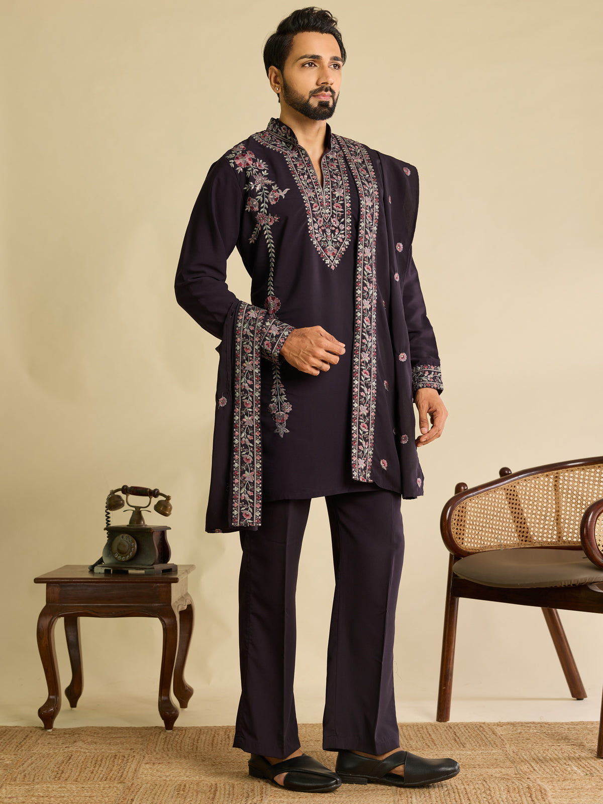 Awesome Wine Sequins Silk Engagement Wear Men's Kurta Set With Dupatta