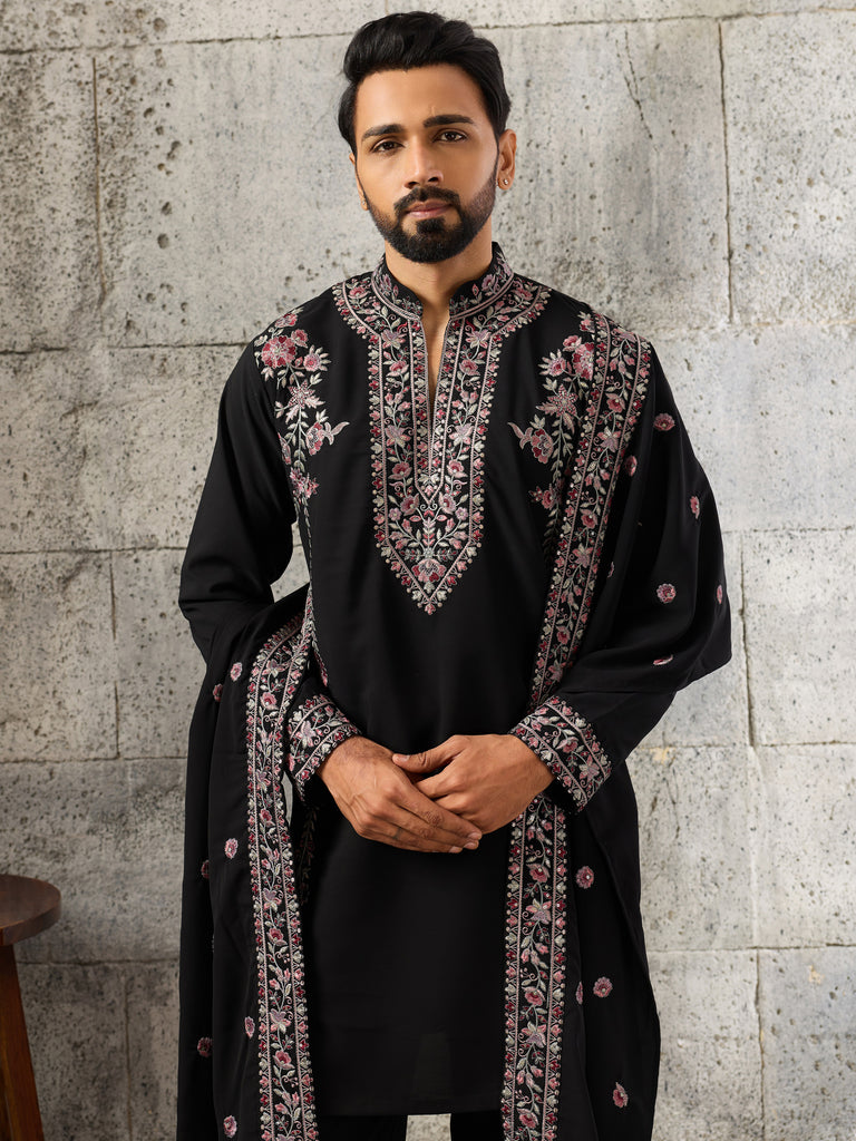 Classy Black Thread Work Silk Evening Wear Men's Kurta Set With Dupatta