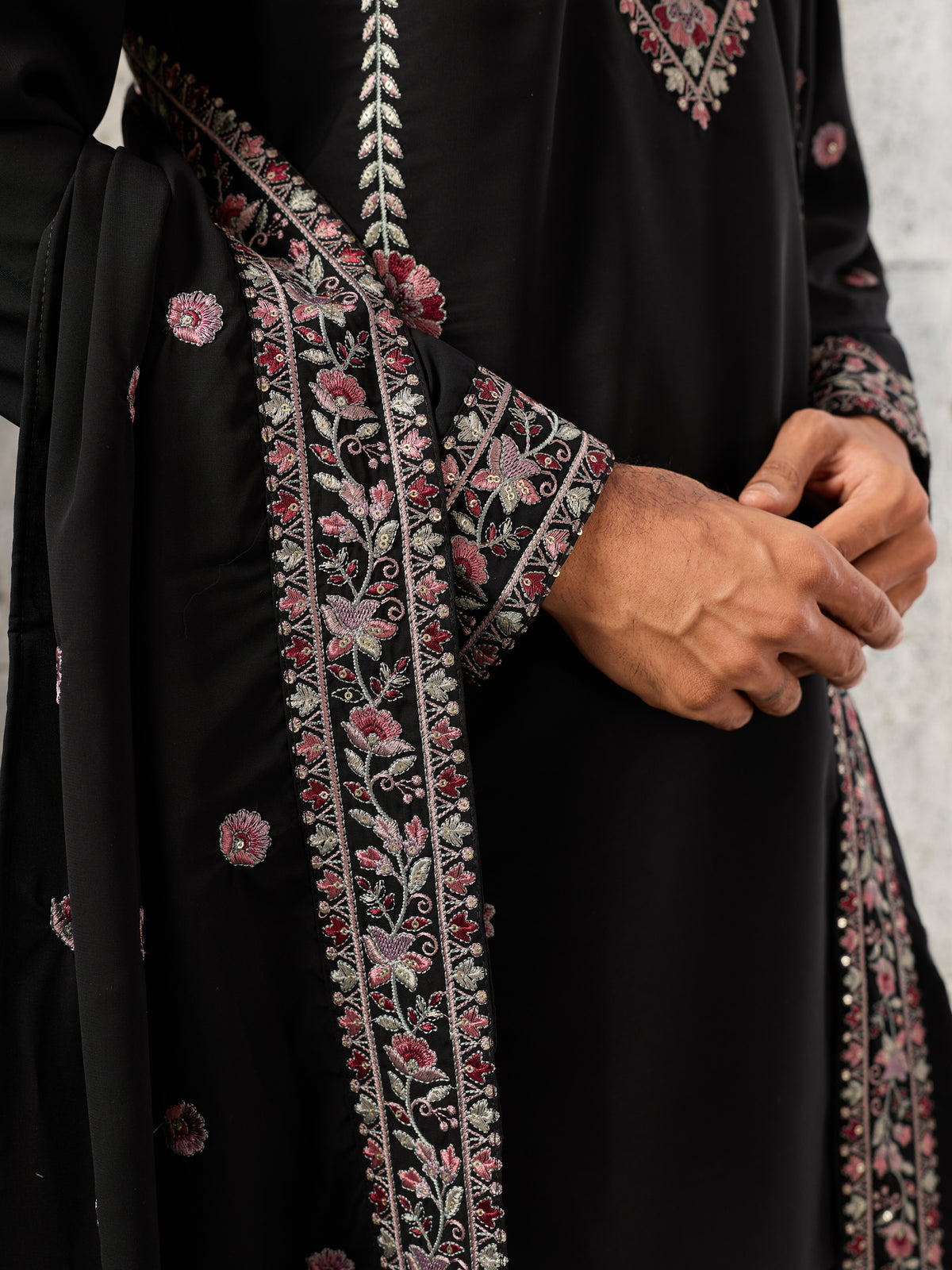 Classy Black Thread Work Silk Evening Wear Men's Kurta Set With Dupatta