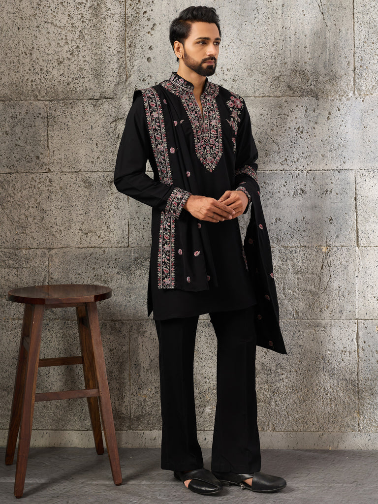 Classy Black Thread Work Silk Evening Wear Men's Kurta Set With Dupatta