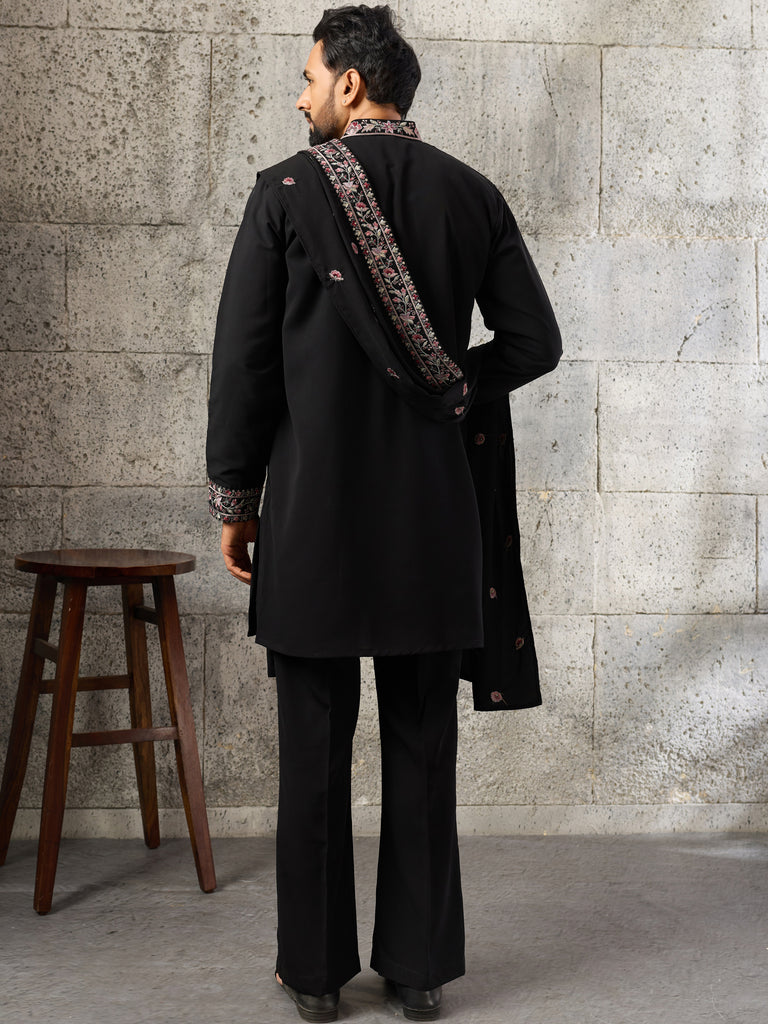 Classy Black Thread Work Silk Evening Wear Men's Kurta Set With Dupatta