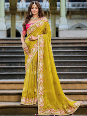 Precious Green Embroidered Tissue Function Wear Saree With Blouse 
