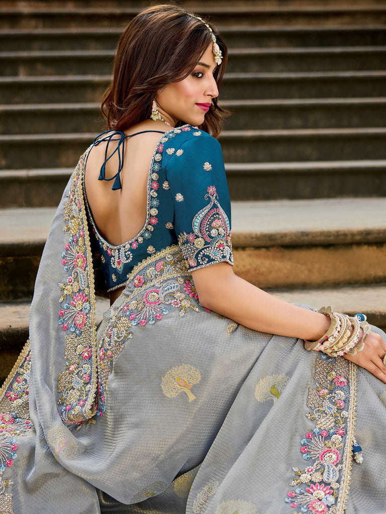 Amazing Grey Embroidered Tissue Wedding Wear Saree With Blouse 