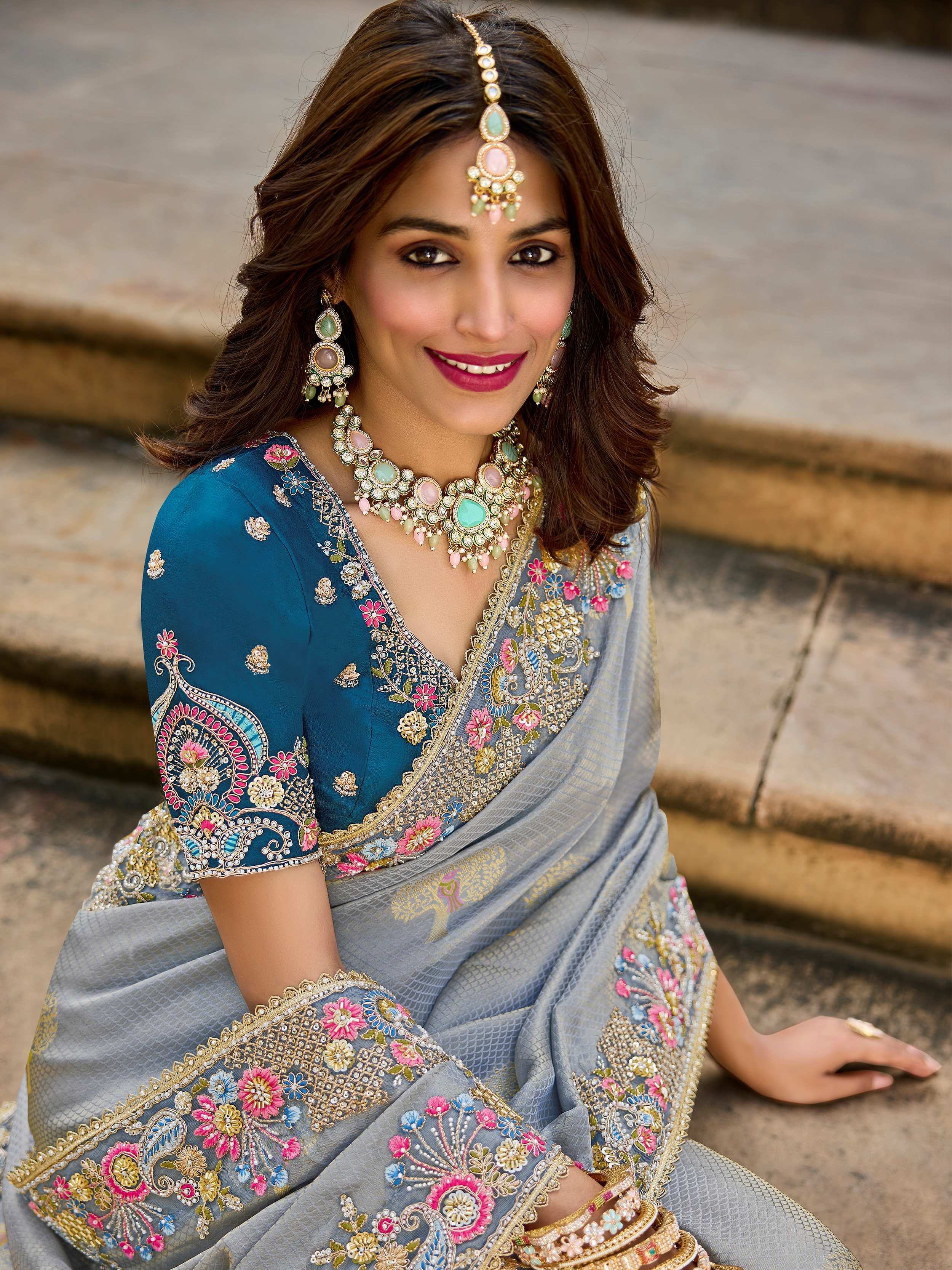 Amazing Grey Embroidered Tissue Wedding Wear Saree With Blouse 
