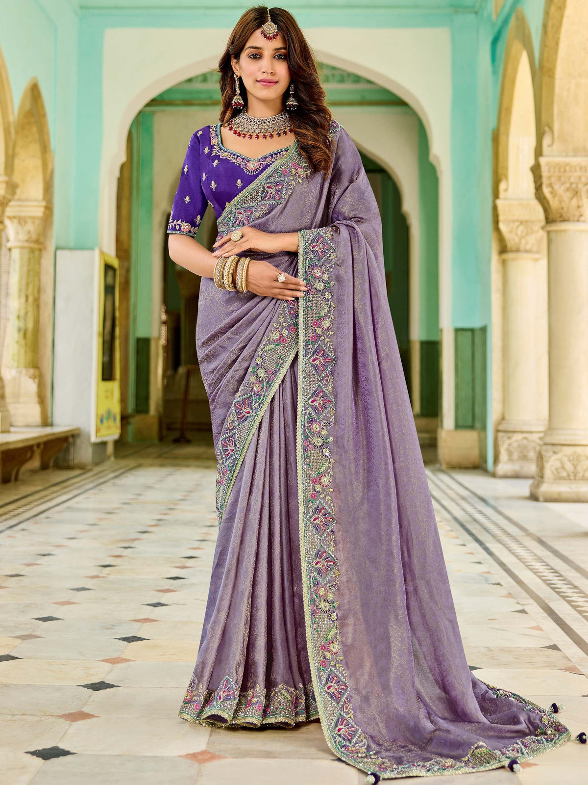 Alluring Purple Embroidered Tissue Festival Wear Saree With Blouse