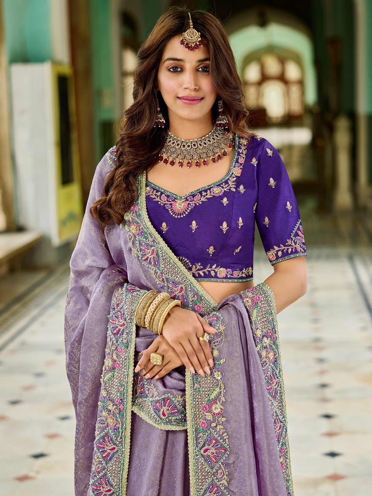 Alluring Purple Embroidered Tissue Festival Wear Saree With Blouse