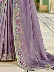 Alluring Purple Embroidered Tissue Festival Wear Saree With Blouse