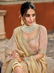 Enchanting Peach Beads Work Tissue Wedding Wear Saree With Blouse