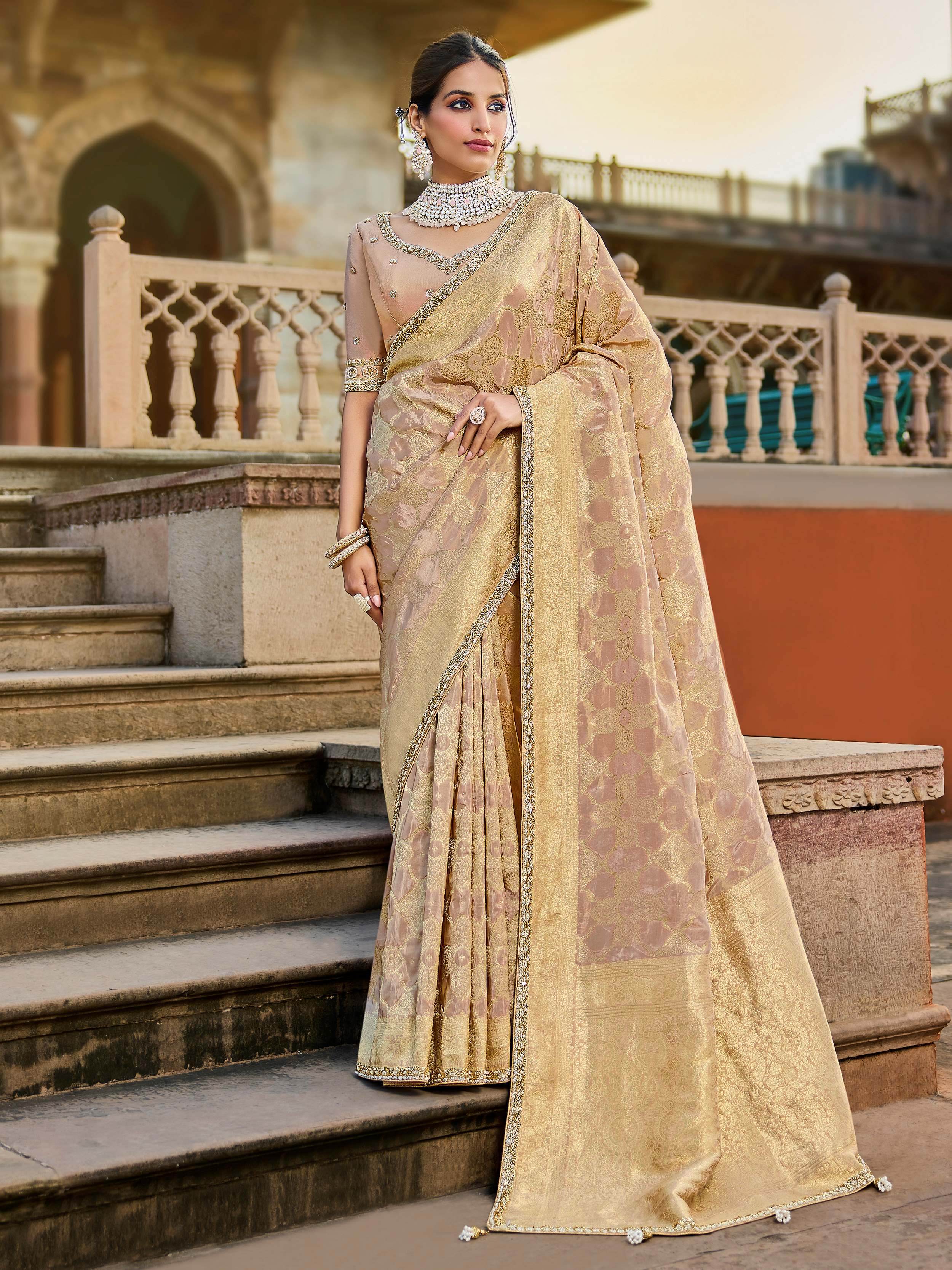 Enchanting Peach Beads Work Tissue Wedding Wear Saree With Blouse