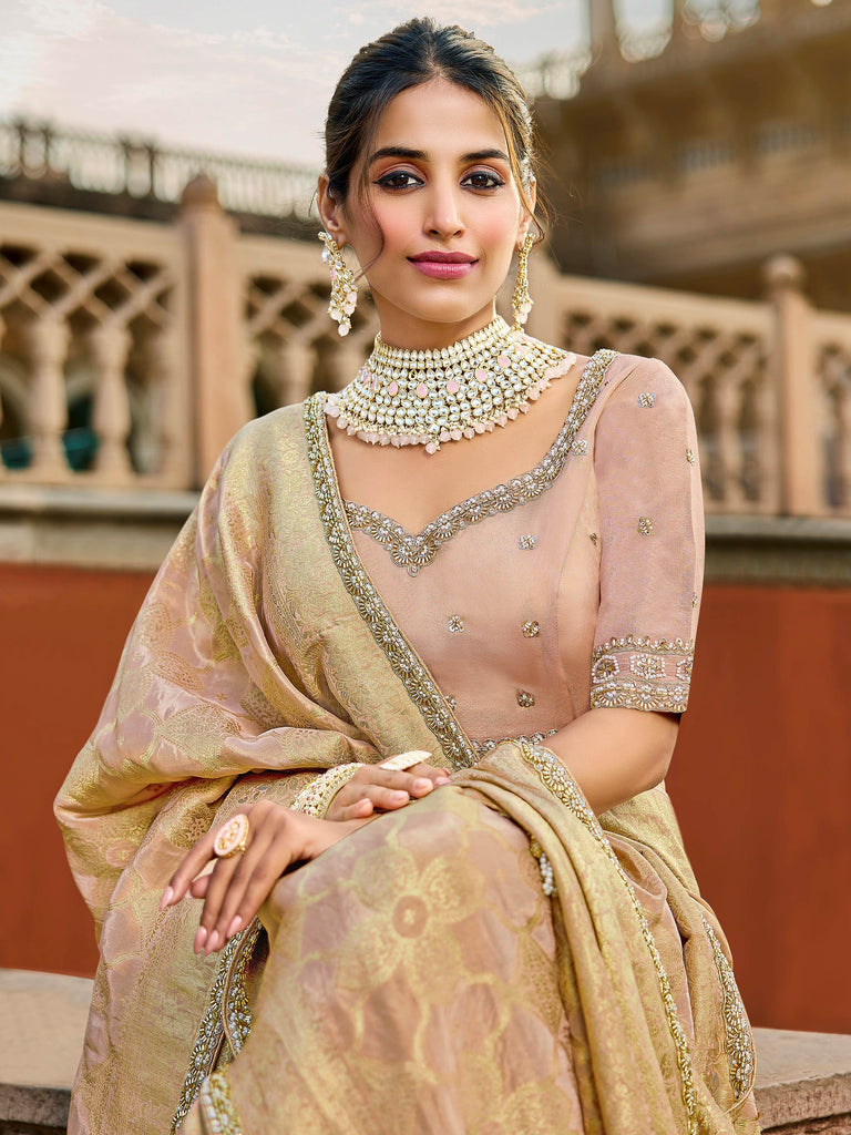 Enchanting Peach Beads Work Tissue Wedding Wear Saree With Blouse