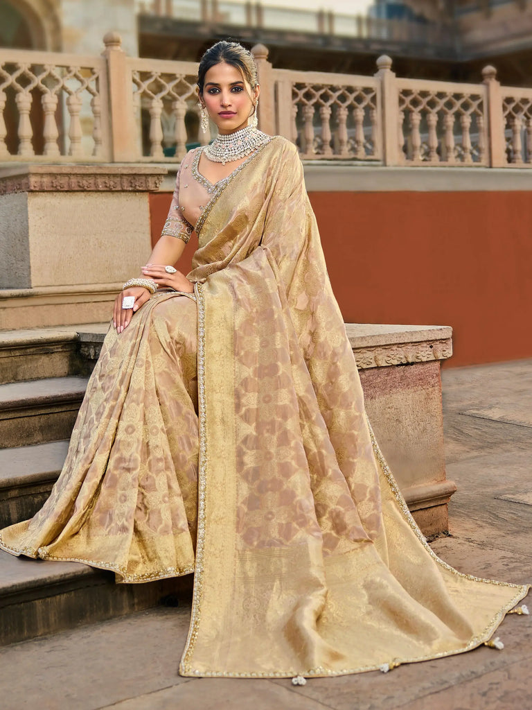 Enchanting Peach Beads Work Tissue Wedding Wear Saree With Blouse