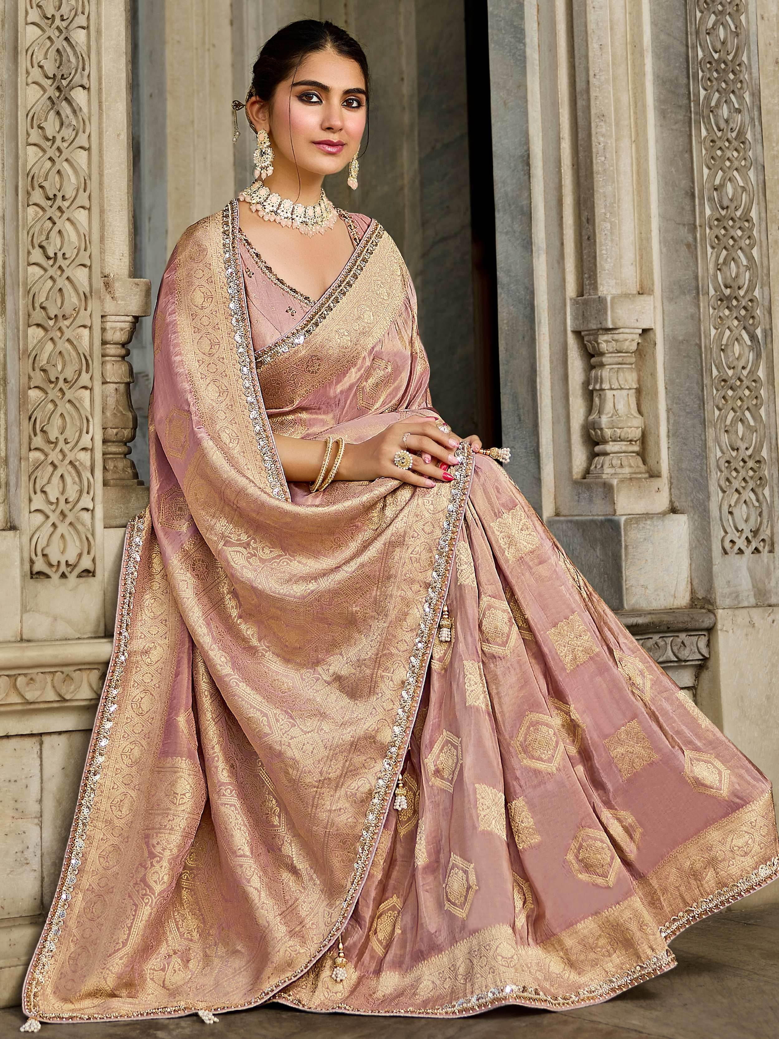 Precious Pink Beads Work Tissue Function Wear Saree With Blouse
