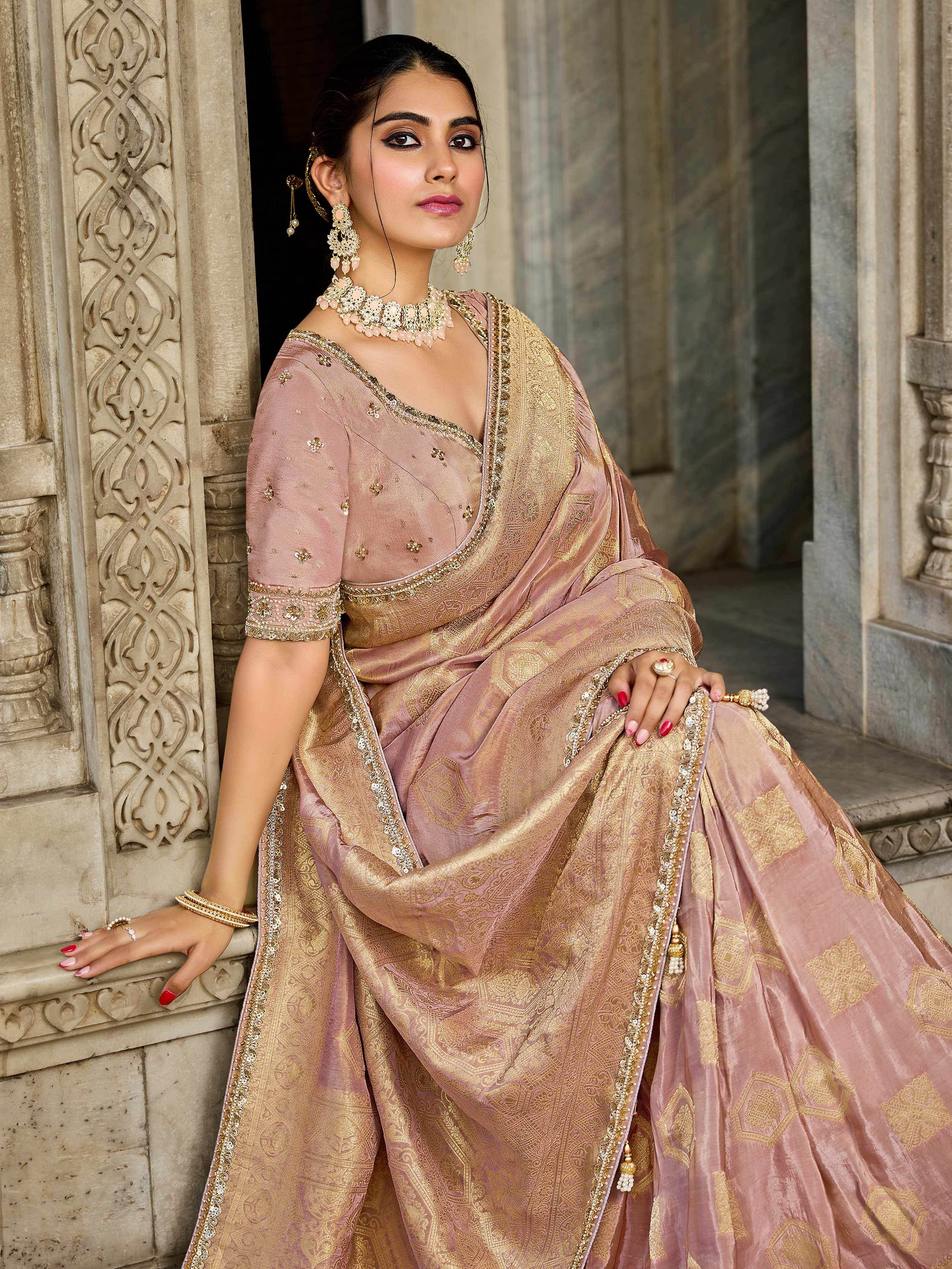 Precious Pink Beads Work Tissue Function Wear Saree With Blouse