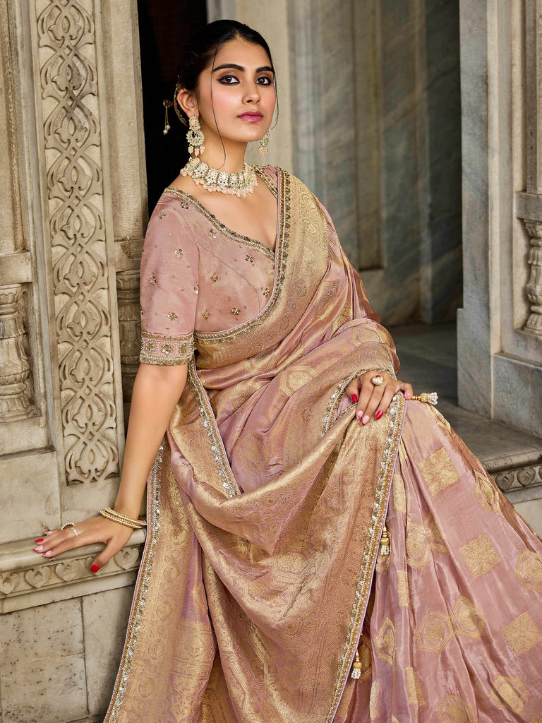 Precious Pink Beads Work Tissue Function Wear Saree With Blouse