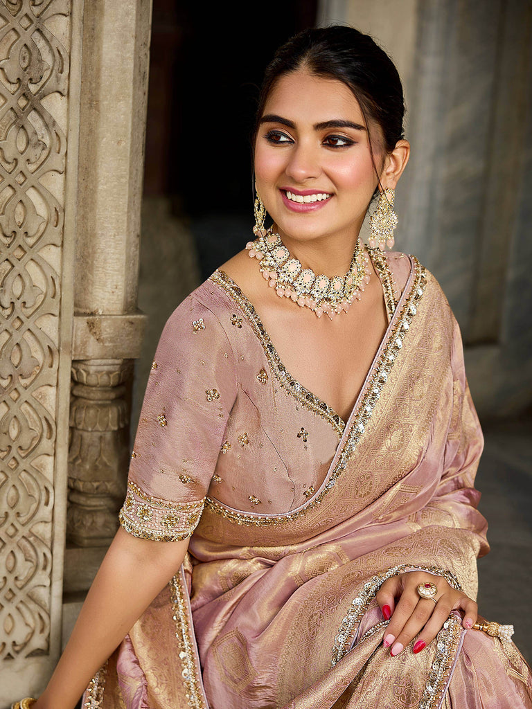 Precious Pink Beads Work Tissue Function Wear Saree With Blouse