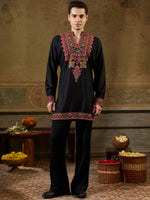 Grand Black Multi Thread Work Viscose Rayon Navratri Wear Men's Kurta