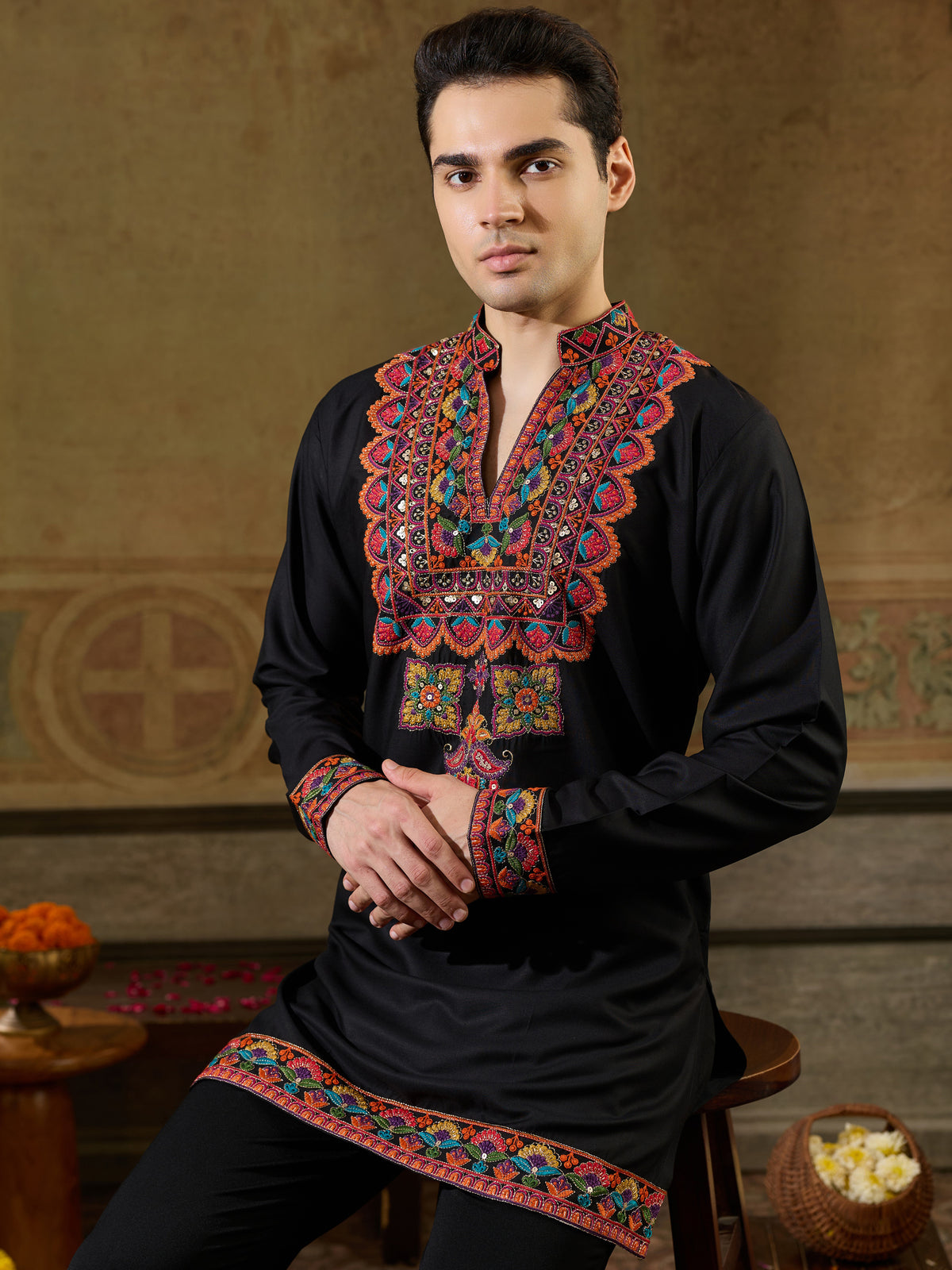 Grand Black Multi Thread Work Viscose Rayon Navratri Wear Men's Kurta