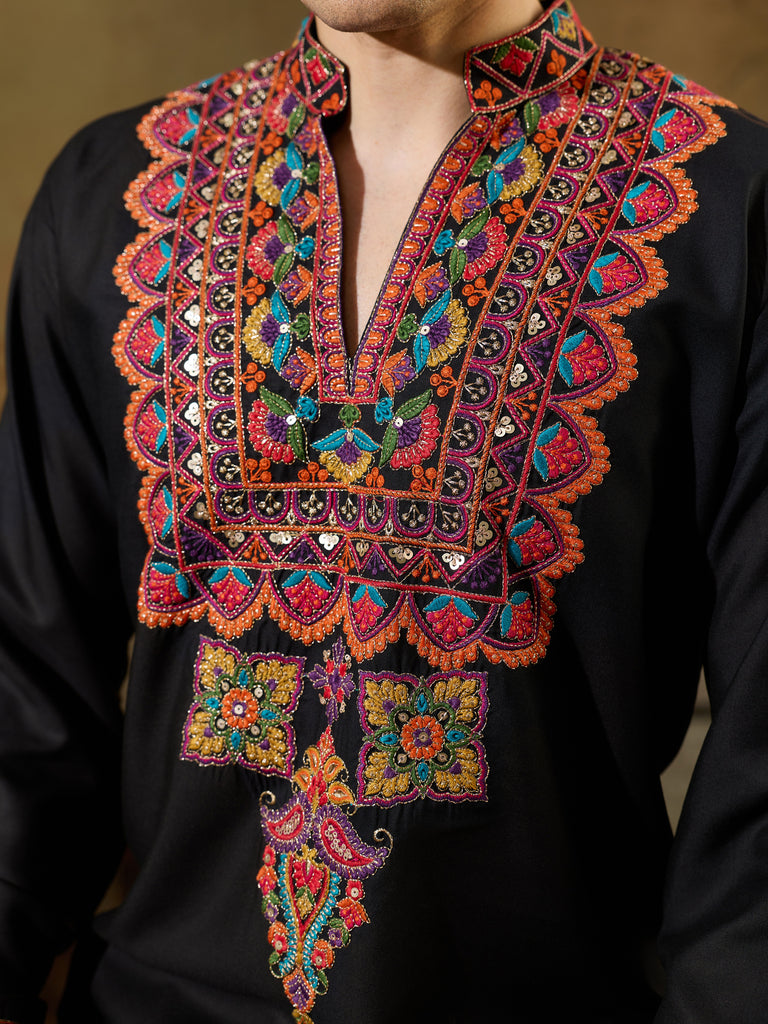 Grand Black Multi Thread Work Viscose Rayon Navratri Wear Men's Kurta