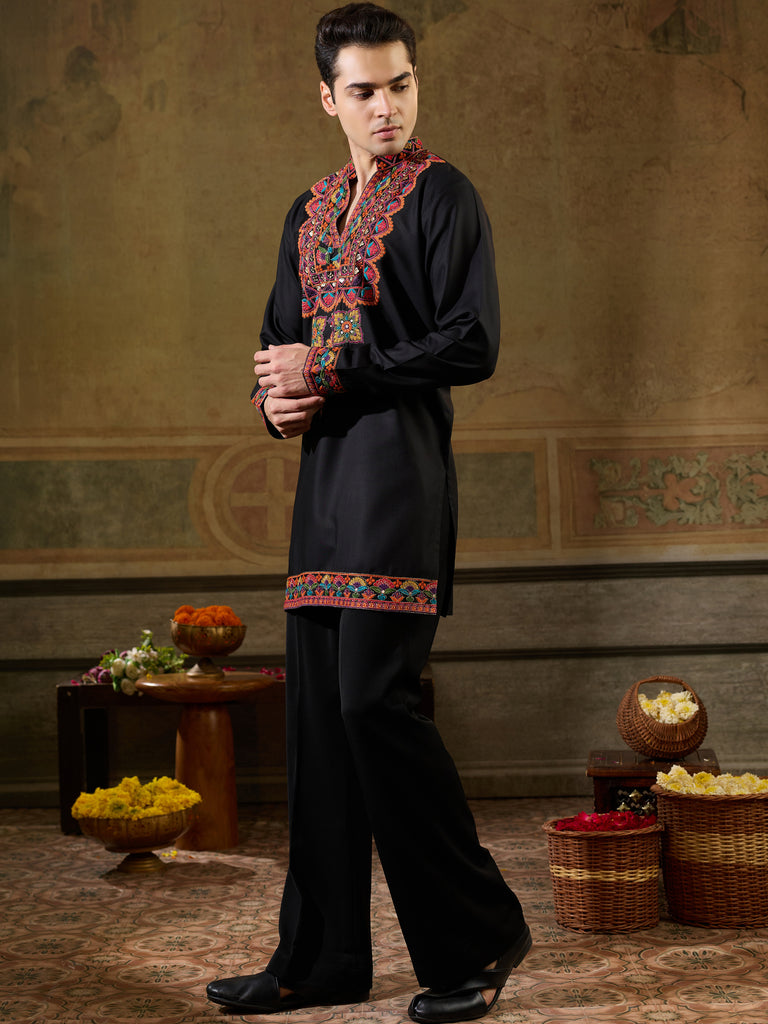 Grand Black Multi Thread Work Viscose Rayon Navratri Wear Men's Kurta