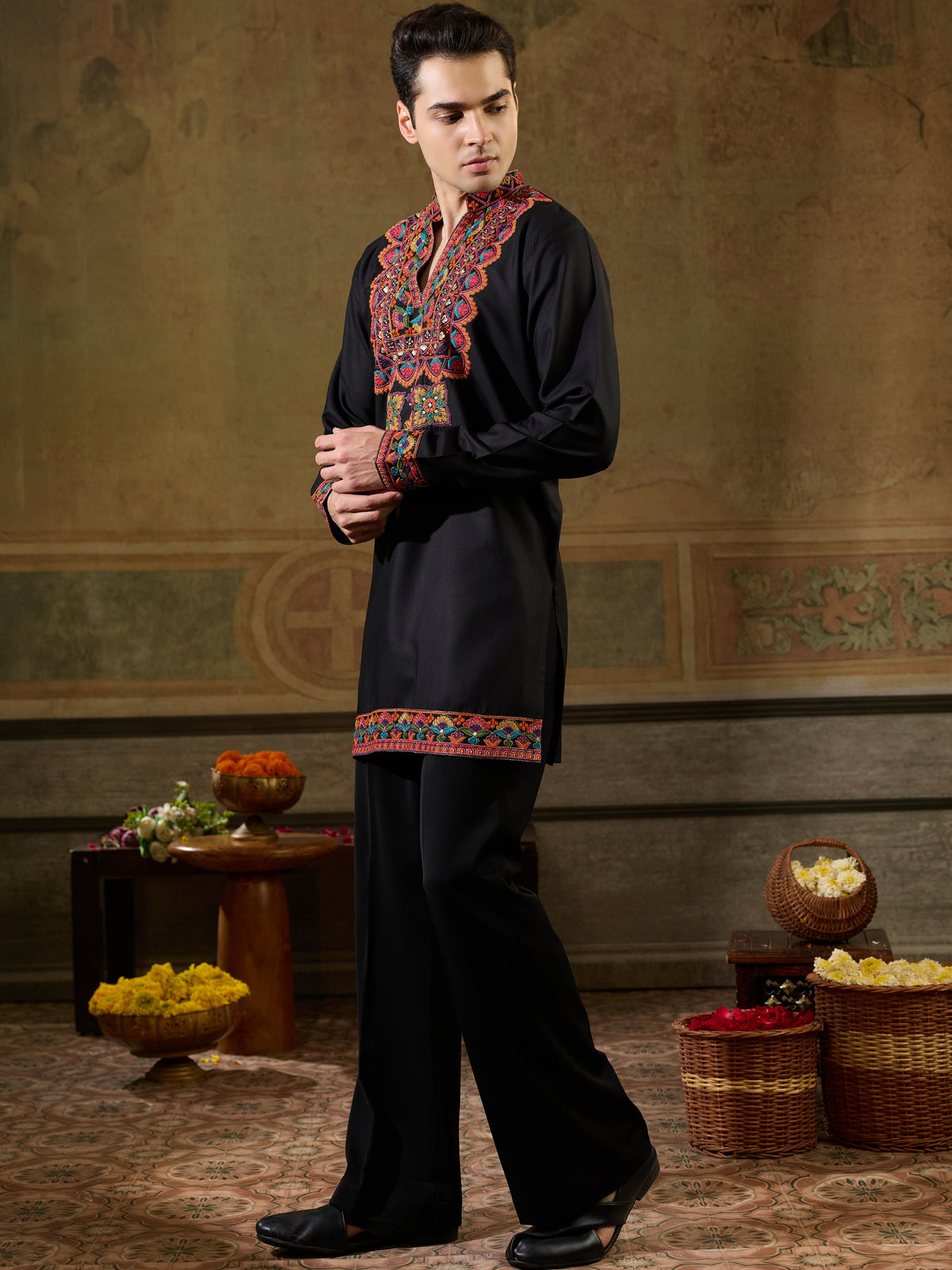 Grand Black Multi Thread Work Viscose Rayon Navratri Wear Men's Kurta
