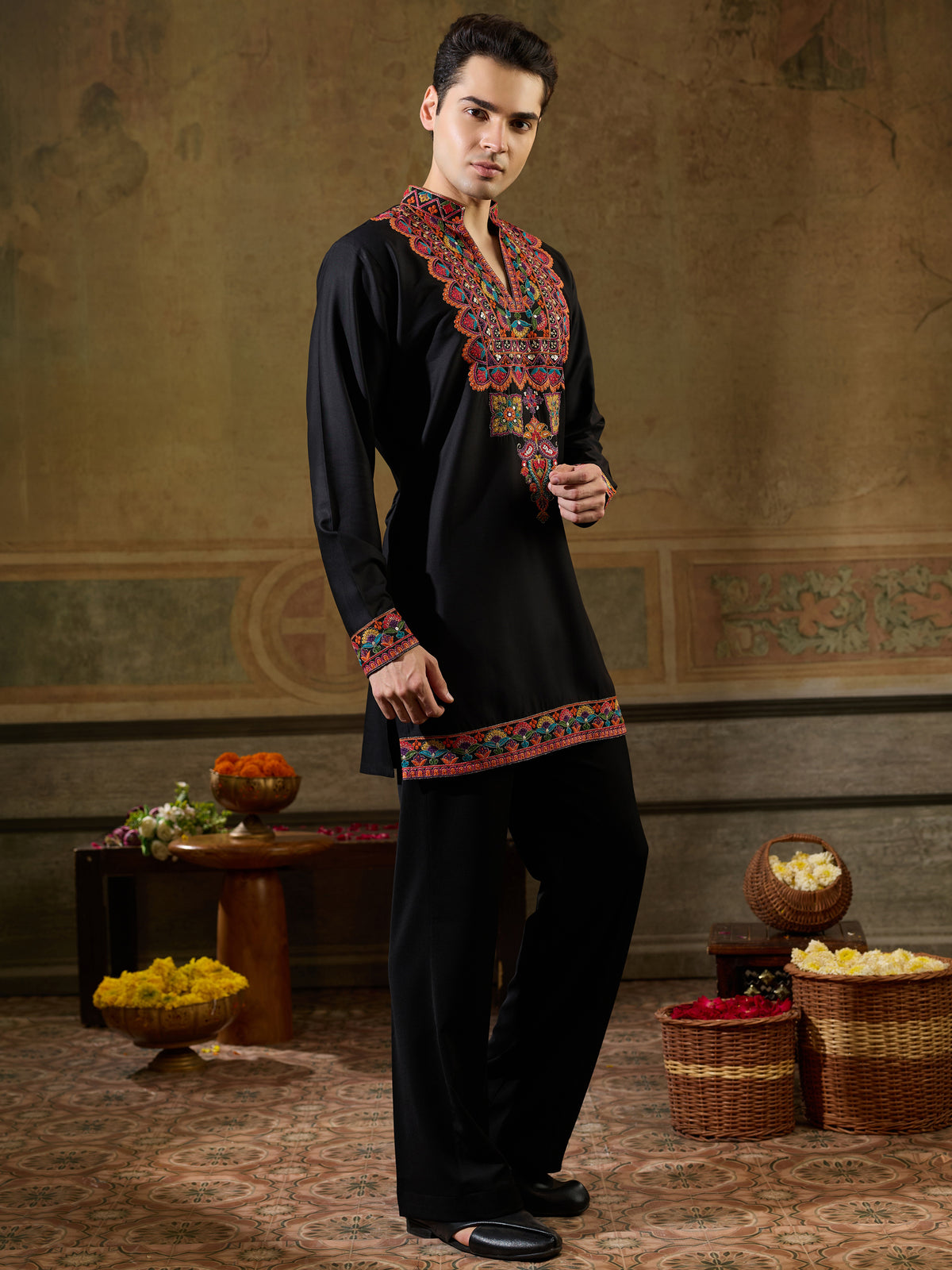 Grand Black Multi Thread Work Viscose Rayon Navratri Wear Men's Kurta