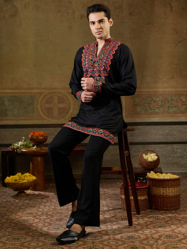 Grand Black Multi Thread Work Viscose Rayon Navratri Wear Men's Kurta