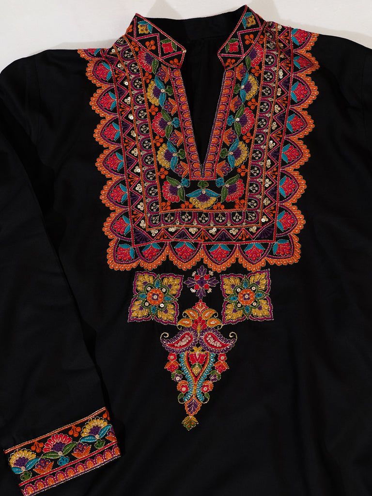 Grand Black Multi Thread Work Viscose Rayon Navratri Wear Men's Kurta