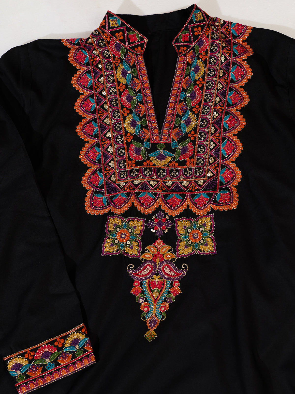 Grand Black Multi Thread Work Viscose Rayon Navratri Wear Men's Kurta