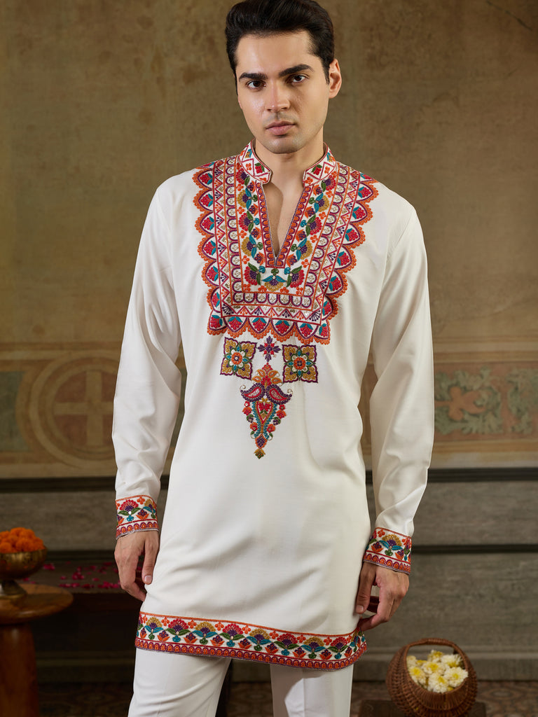 Spectacular White Sequins Viscose Rayon Navratri Wear Men's Kurta