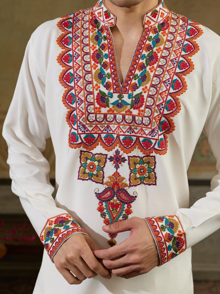 Spectacular White Sequins Viscose Rayon Navratri Wear Men's Kurta