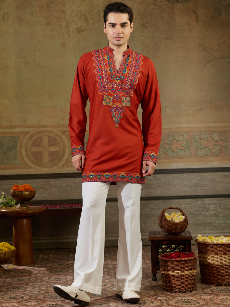 Glorious Orange Embroidered Viscose Rayon Navratri Special Men's Kurta