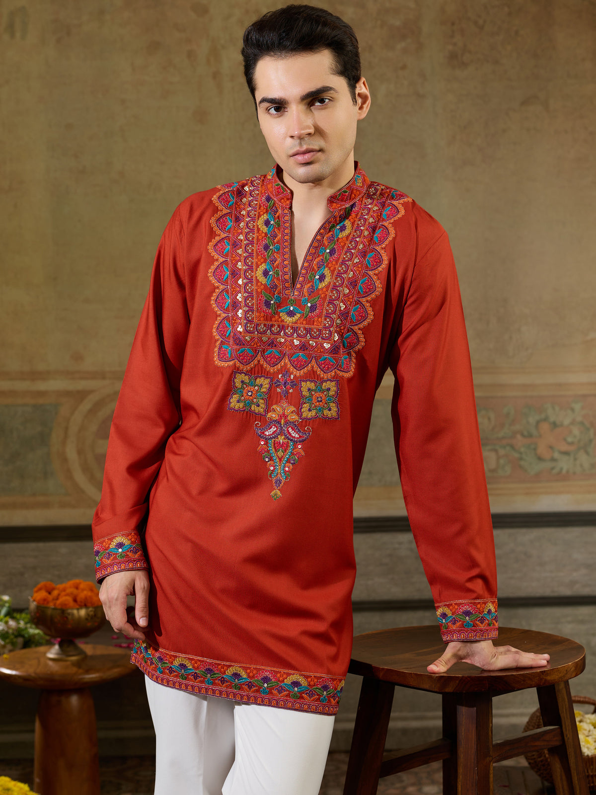 Glorious Orange Embroidered Viscose Rayon Navratri Special Men's Kurta