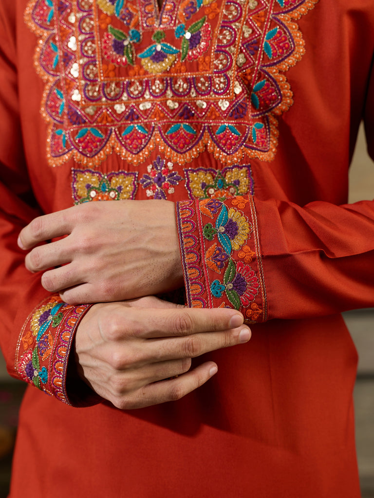 Glorious Orange Embroidered Viscose Rayon Navratri Special Men's Kurta