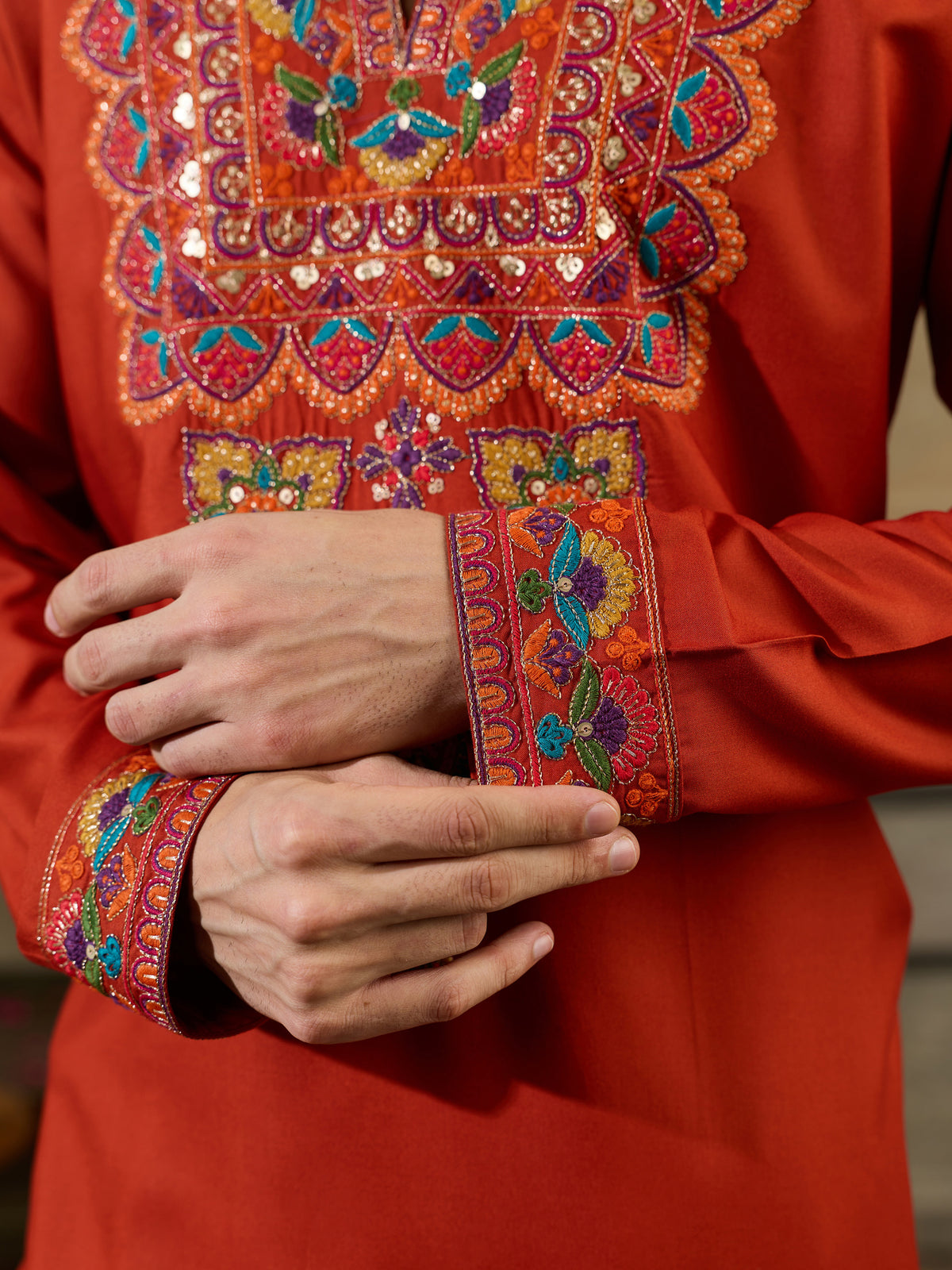 Glorious Orange Embroidered Viscose Rayon Navratri Special Men's Kurta