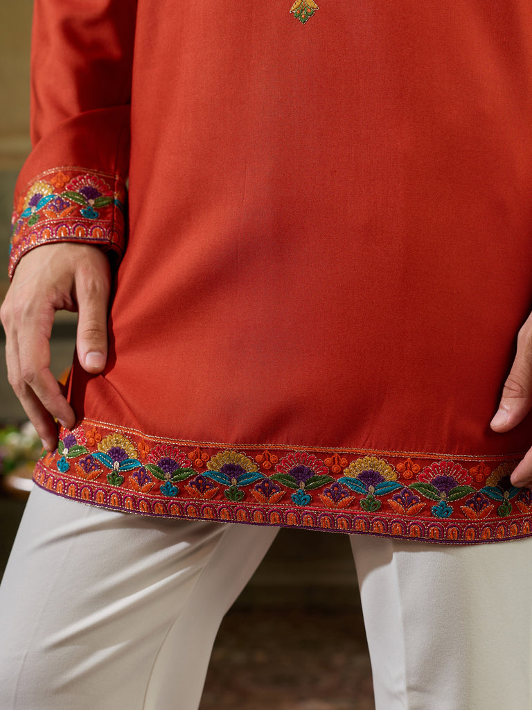 Glorious Orange Embroidered Viscose Rayon Navratri Special Men's Kurta