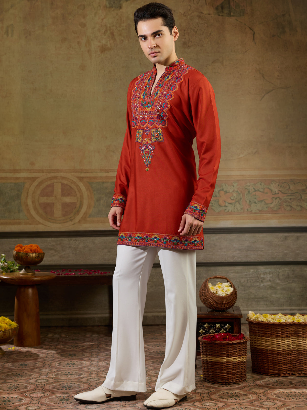 Glorious Orange Embroidered Viscose Rayon Navratri Special Men's Kurta