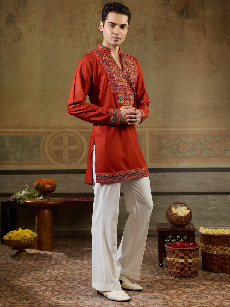 Glorious Orange Embroidered Viscose Rayon Navratri Special Men's Kurta