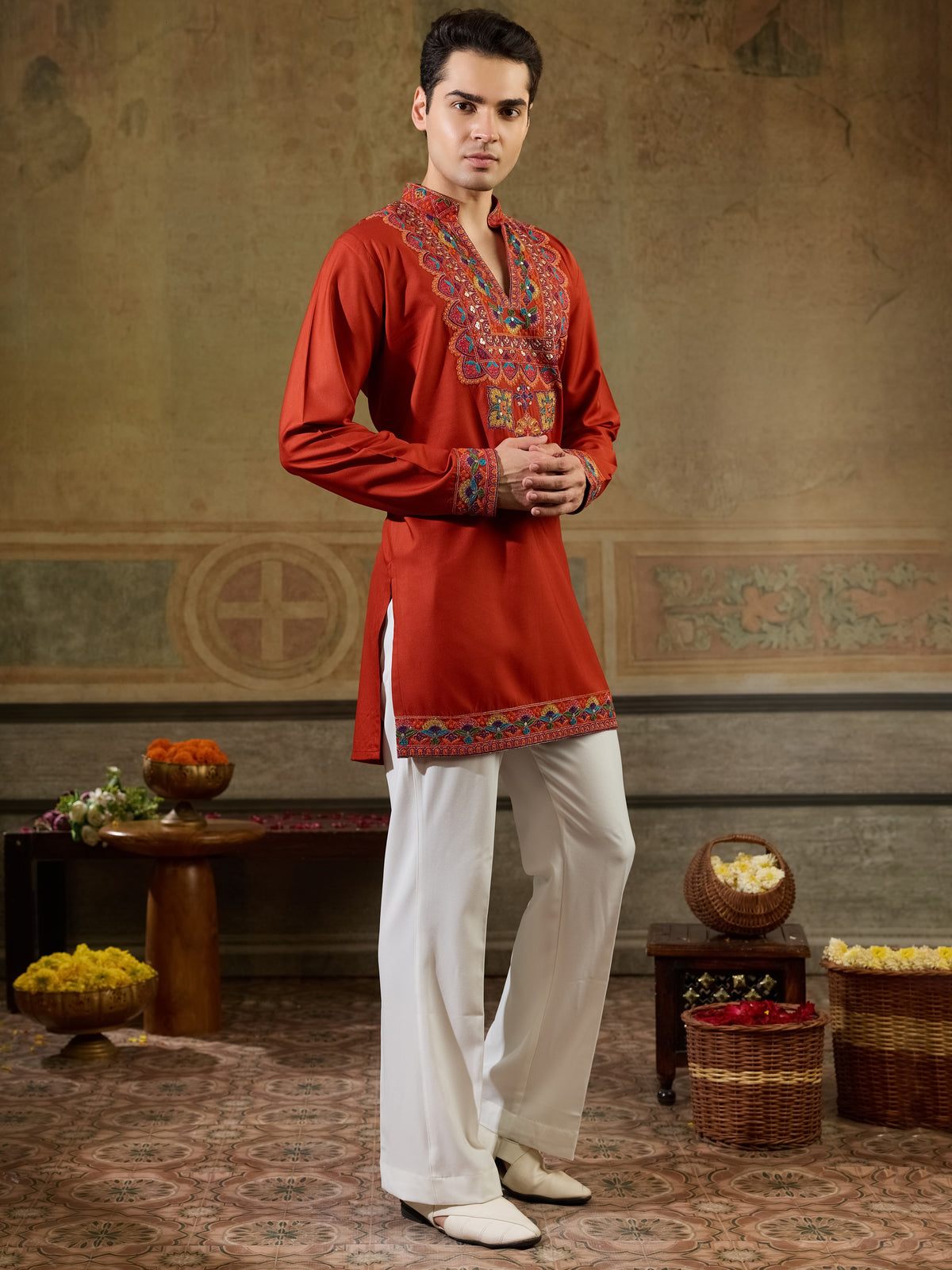 Glorious Orange Embroidered Viscose Rayon Navratri Special Men's Kurta