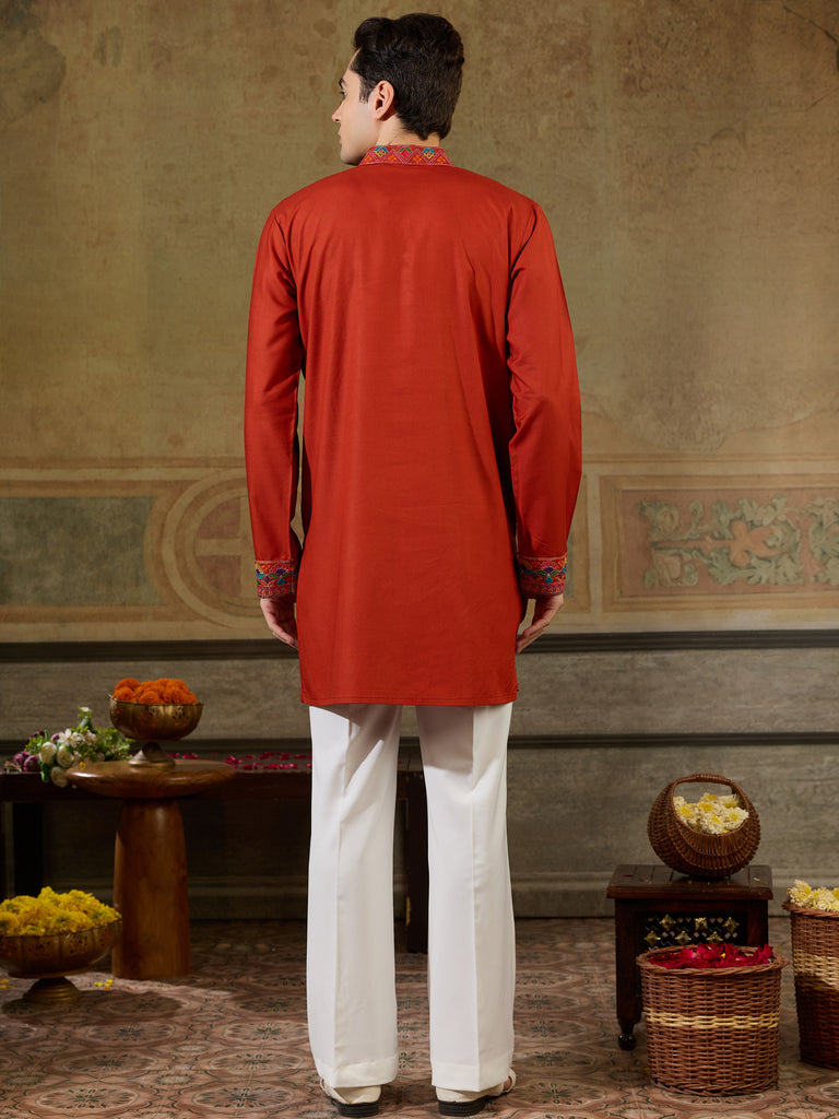 Glorious Orange Embroidered Viscose Rayon Navratri Special Men's Kurta