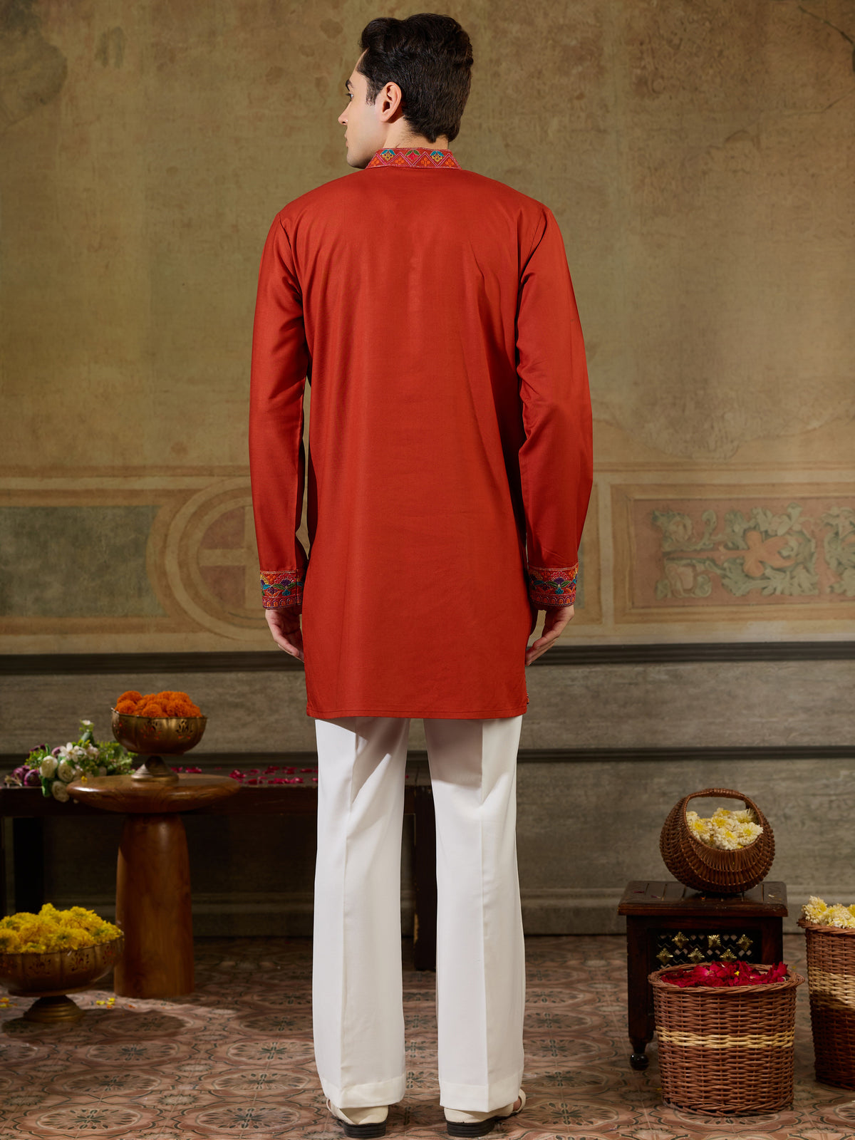 Glorious Orange Embroidered Viscose Rayon Navratri Special Men's Kurta