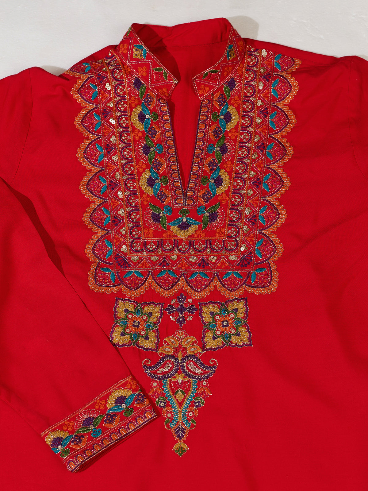 Precious Red Thread Work Viscose Rayon Navratri Wear Men's Kurta