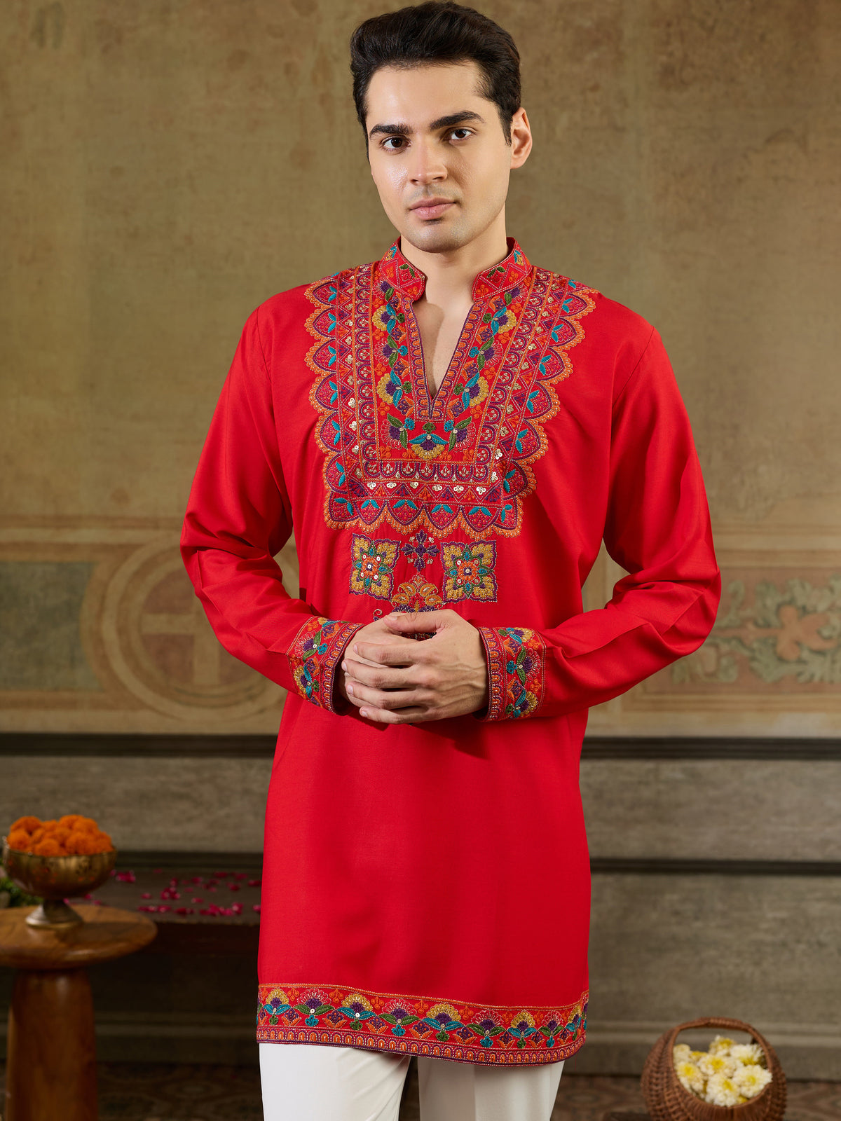 Precious Red Thread Work Viscose Rayon Navratri Wear Men's Kurta