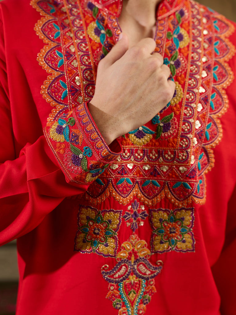 Precious Red Thread Work Viscose Rayon Navratri Wear Men's Kurta