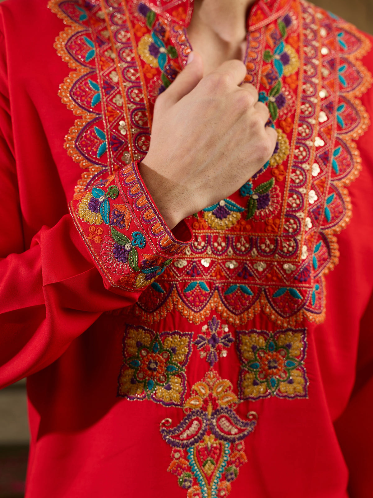 Precious Red Thread Work Viscose Rayon Navratri Wear Men's Kurta
