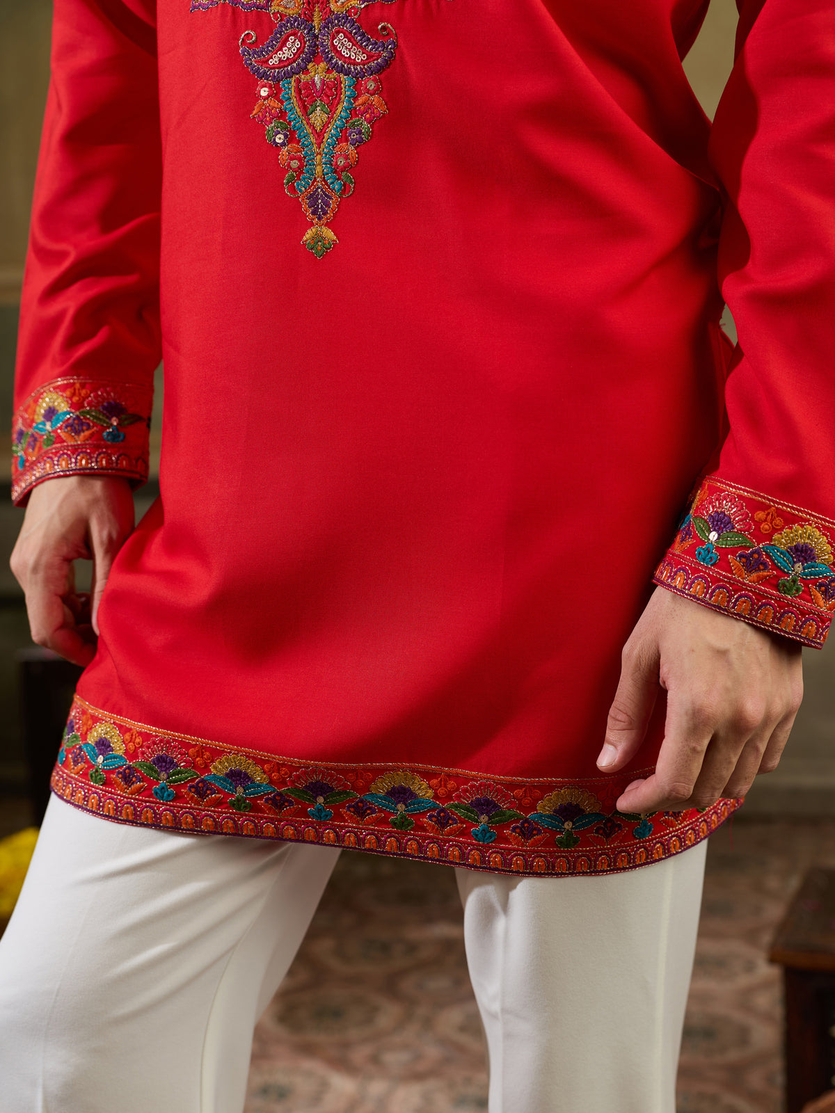 Precious Red Thread Work Viscose Rayon Navratri Wear Men's Kurta