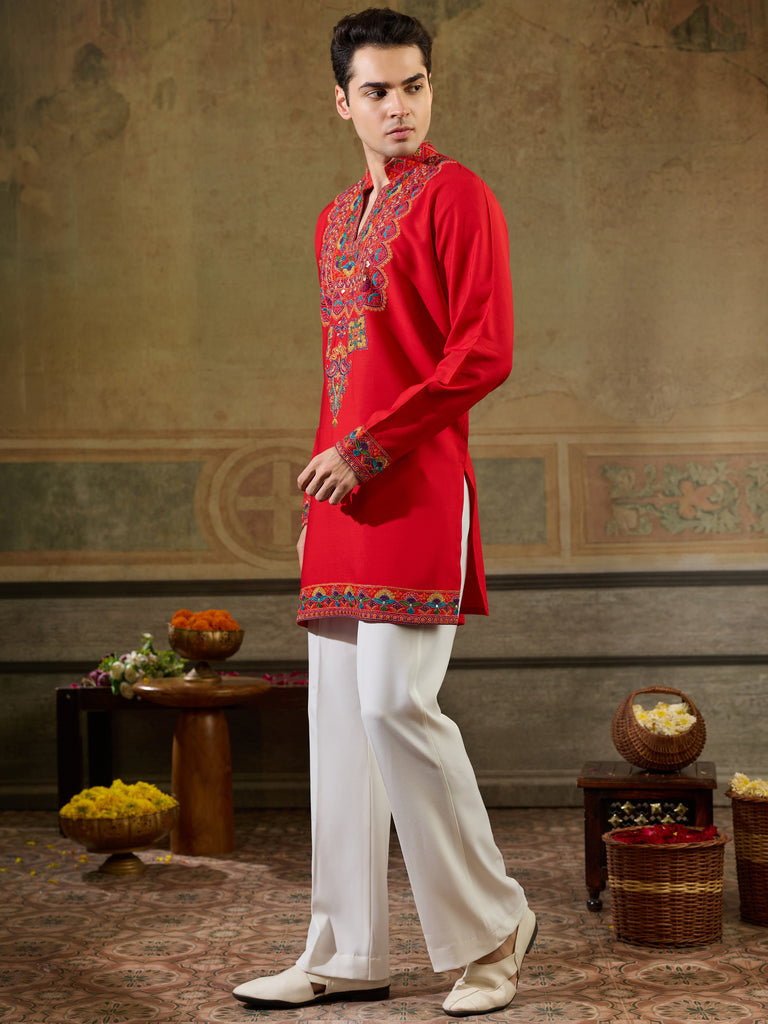 Precious Red Thread Work Viscose Rayon Navratri Wear Men's Kurta